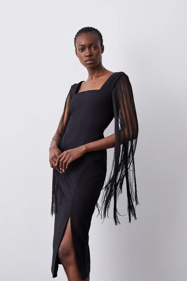 Dresses Women Karen Millen Compact Stretch Tassel Sleeve Detail Split Front Midi Dress Black