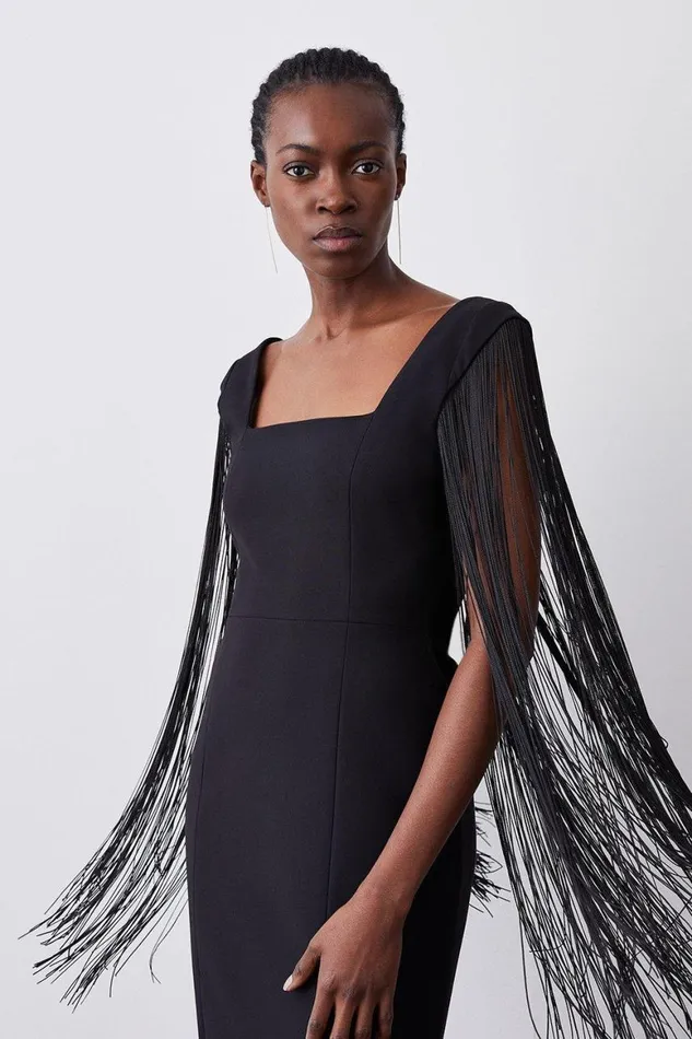 Dresses Women Karen Millen Compact Stretch Tassel Sleeve Detail Split Front Midi Dress Black