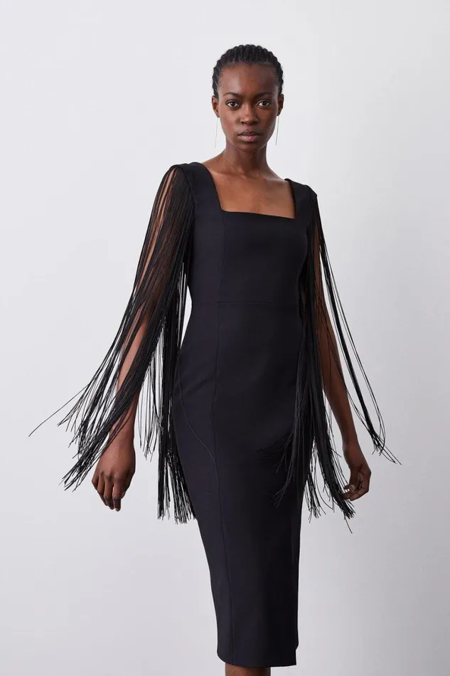 Dresses Women Karen Millen Compact Stretch Tassel Sleeve Detail Split Front Midi Dress Black