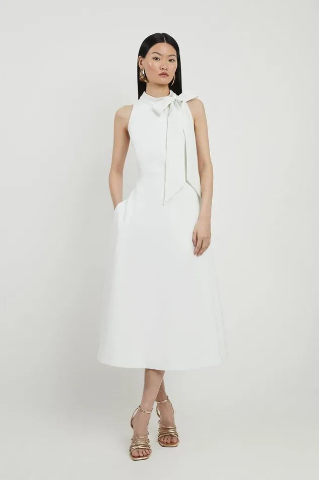Dresses Women Karen Millen Compact Stretch Tie Neck Full Skirted Midi Dress Ivory