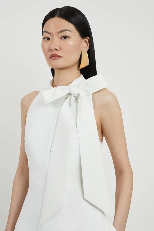 Dresses Women Karen Millen Compact Stretch Tie Neck Full Skirted Midi Dress Ivory