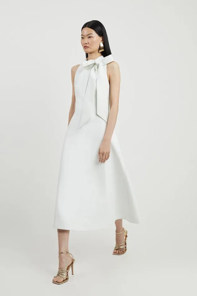 Dresses Women Karen Millen Compact Stretch Tie Neck Full Skirted Midi Dress Ivory