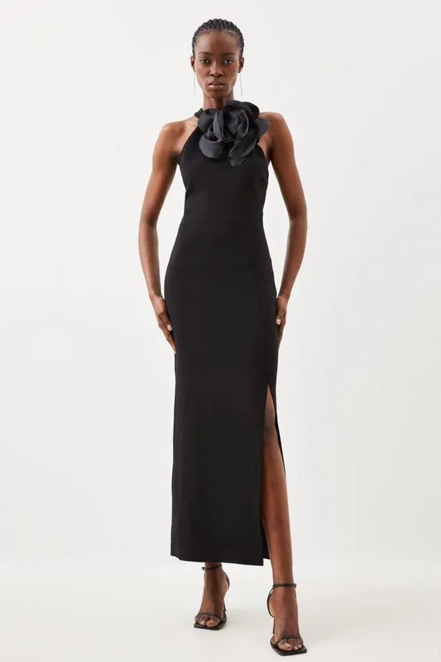 Dresses Women Karen Millen Compact Viscose Corsage Detail Tailored Halterneck Midaxi Dress Black