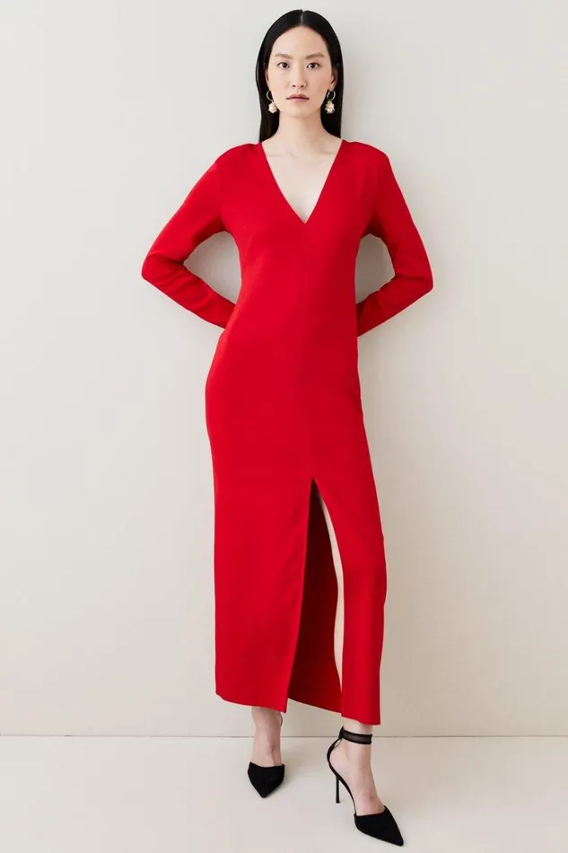 Dresses Women Karen Millen Compact Viscose Long Sleeved Split Front Tailored Maxi Dress Red