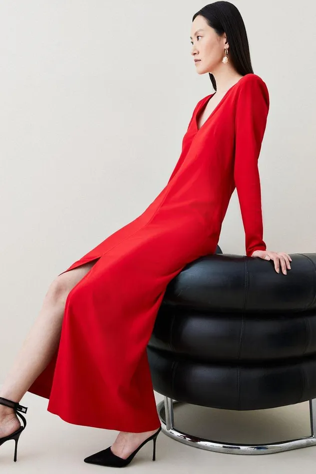Dresses Women Karen Millen Compact Viscose Long Sleeved Split Front Tailored Maxi Dress Red
