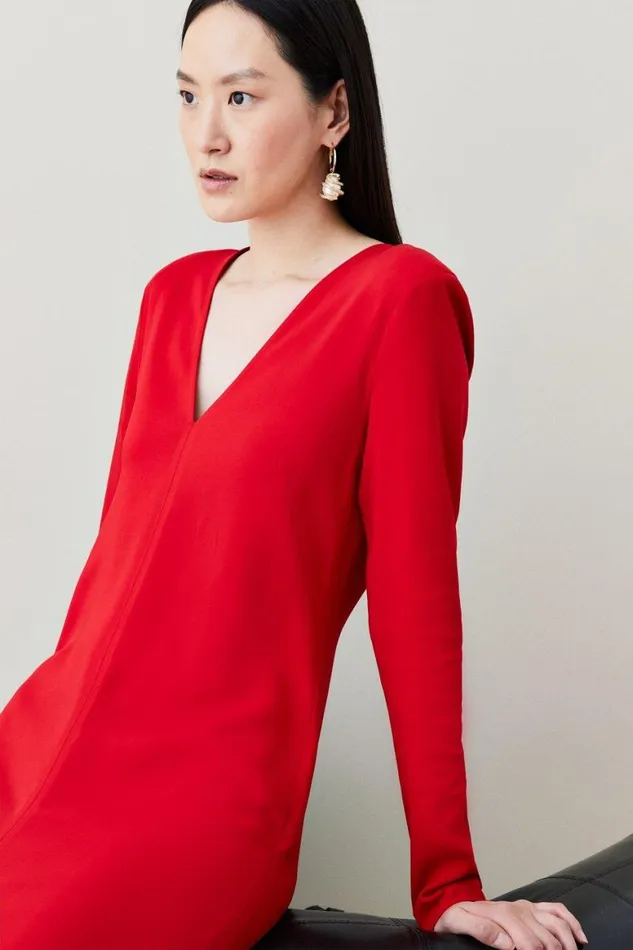 Dresses Women Karen Millen Compact Viscose Long Sleeved Split Front Tailored Maxi Dress Red