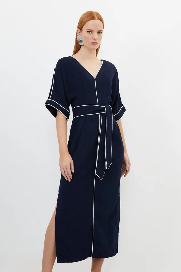 Dresses Women Karen Millen Contrast Piping Satin Back Crepe Woven Midi Dress Navy