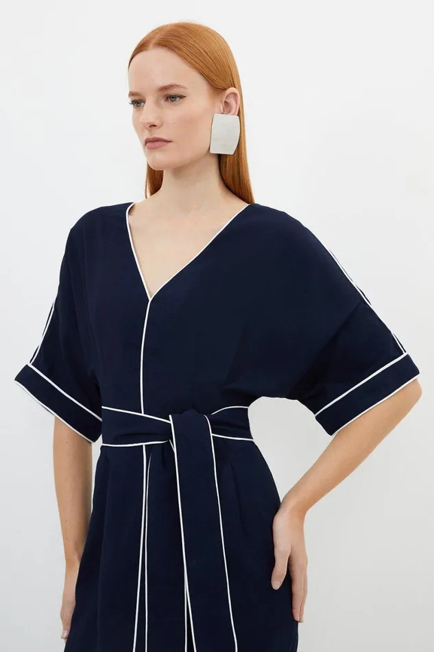 Dresses Women Karen Millen Contrast Piping Satin Back Crepe Woven Midi Dress Navy