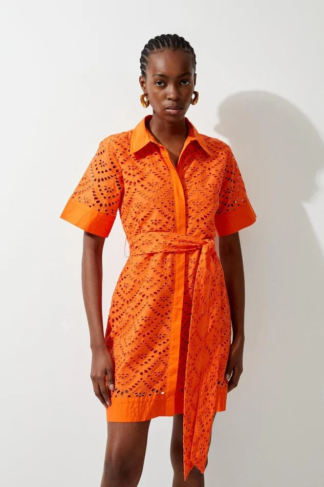 Dresses Women Karen Millen Cotton Broderie Woven Belted Mini Dress Orange