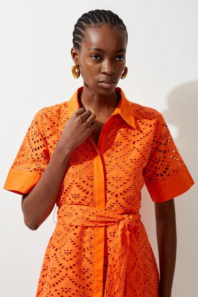 Dresses Women Karen Millen Cotton Broderie Woven Belted Mini Dress Orange
