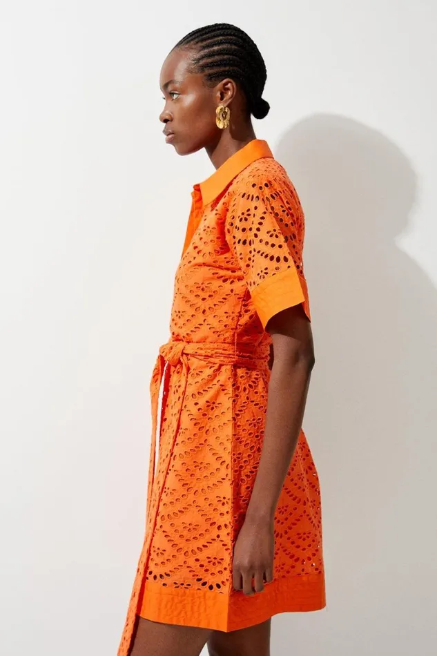Dresses Women Karen Millen Cotton Broderie Woven Belted Mini Dress Orange