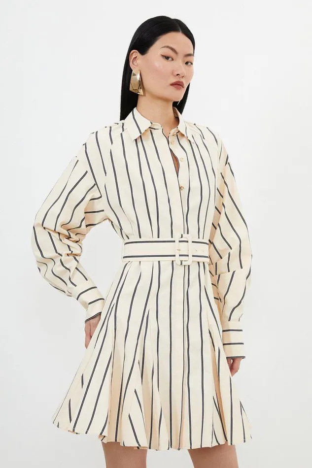 Dresses Women Karen Millen Cotton Stripe Godet Insert Woven Shirt Dress Ivory