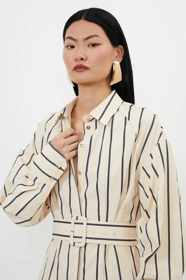 Dresses Women Karen Millen Cotton Stripe Godet Insert Woven Shirt Dress Ivory