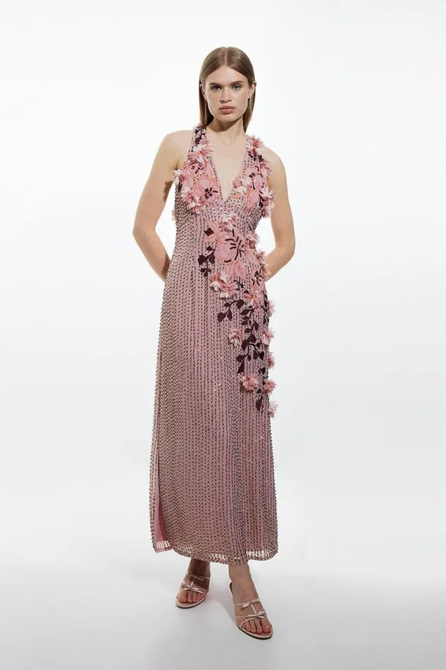 Dresses Women Karen Millen Crystal Embellished Embroidery And Applique Woven Halter Woven Maxi Dress Pink