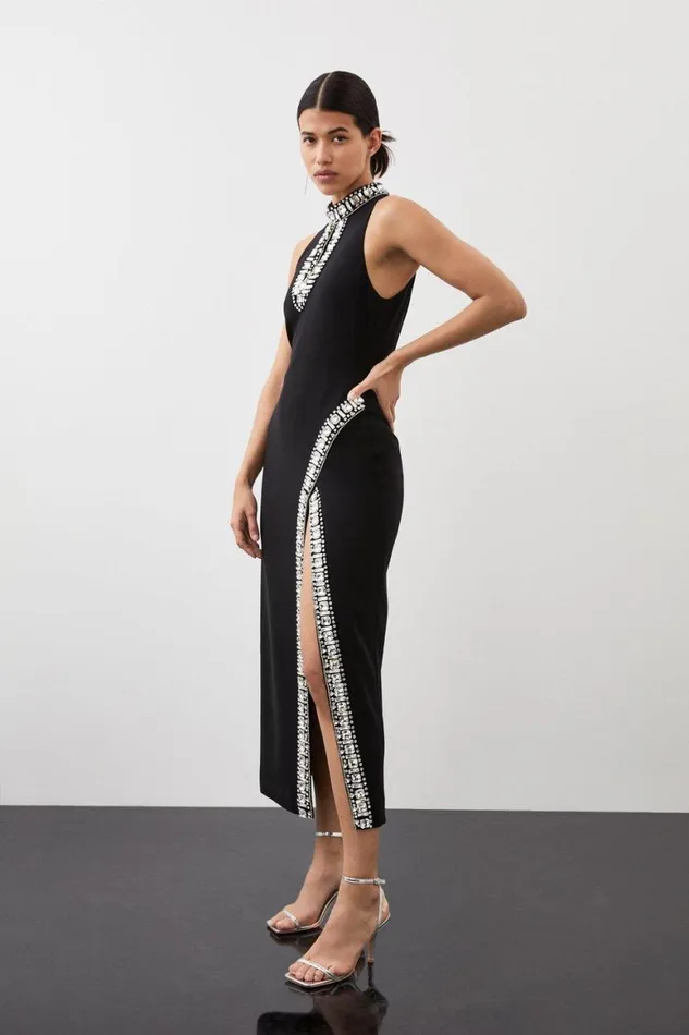Dresses Women Karen Millen Crystal Embellished Woven Thigh Split Midi Dress Black