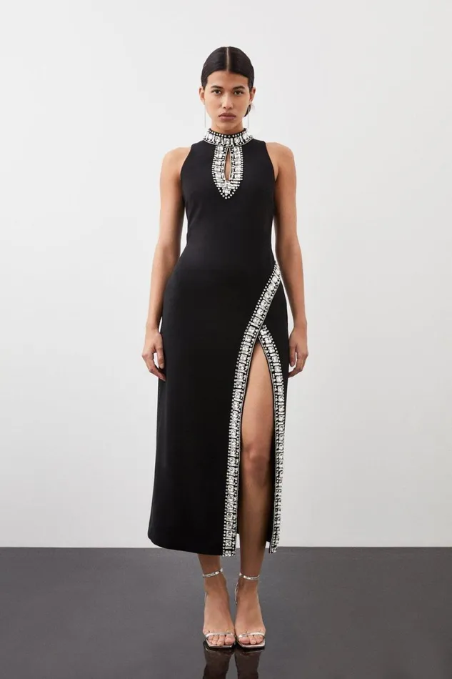 Dresses Women Karen Millen Crystal Embellished Woven Thigh Split Midi Dress Black