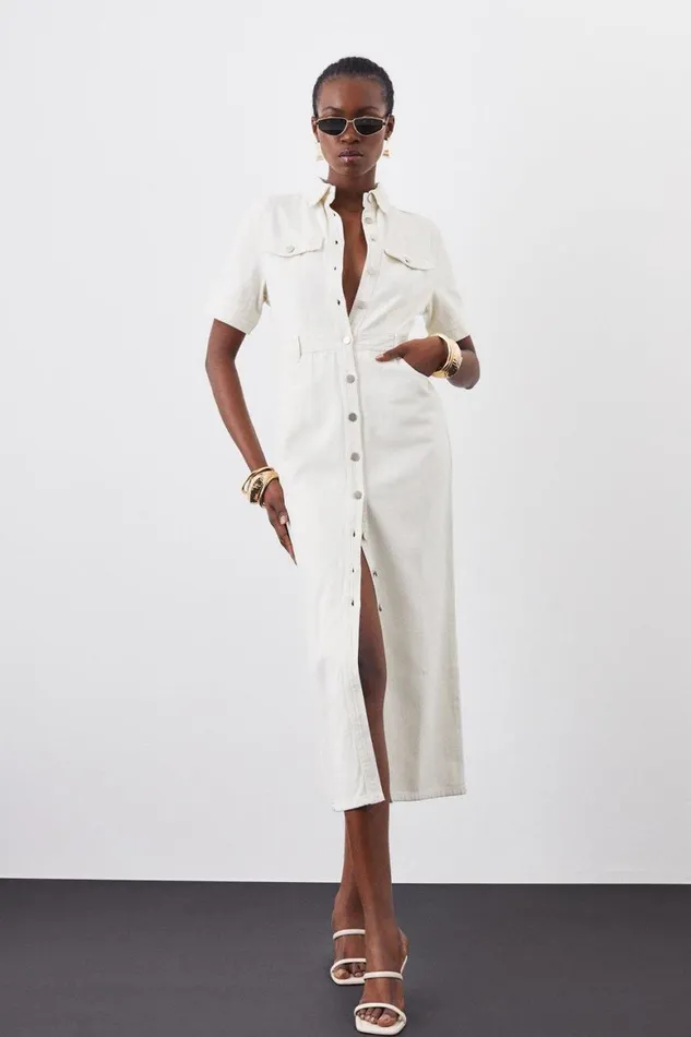 Dresses Women Karen Millen Denim Maxi Shirt Dress Cream