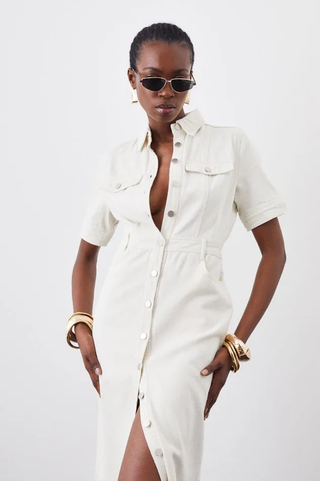 Dresses Women Karen Millen Denim Maxi Shirt Dress Cream