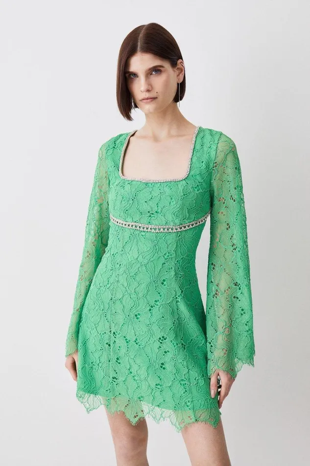 Dresses Women Karen Millen Diamante Trim And Lace Mini Dress Green