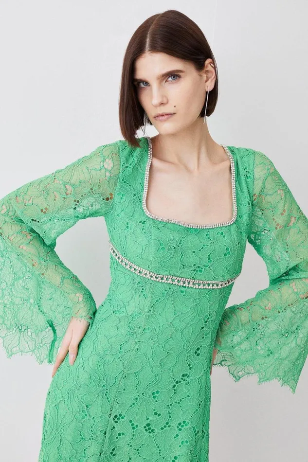Dresses Women Karen Millen Diamante Trim And Lace Mini Dress Green