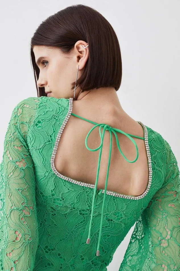 Dresses Women Karen Millen Diamante Trim And Lace Mini Dress Green
