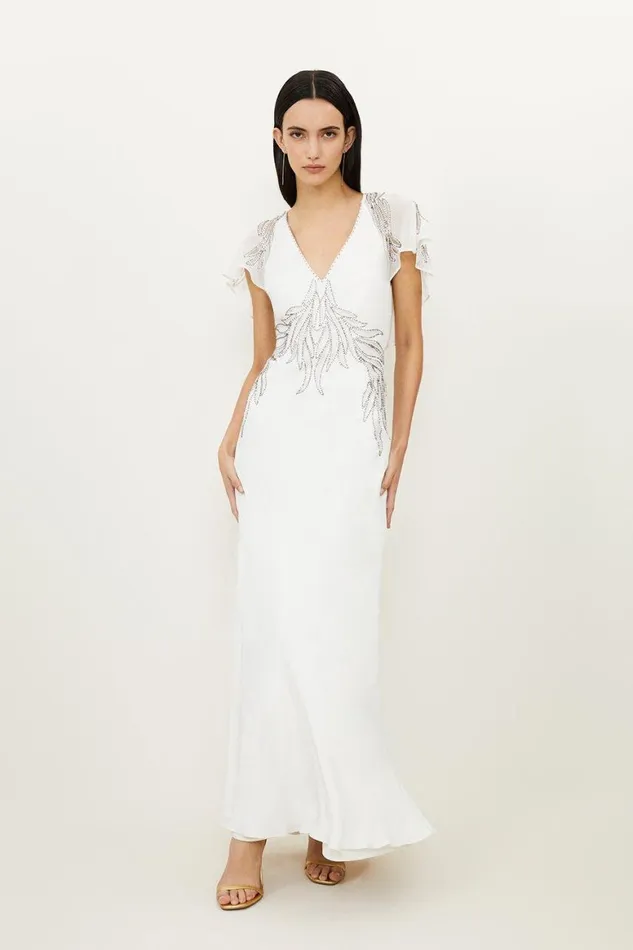 Dresses Women Karen Millen Embellished Applique Georgette Satin Woven Maxi Dress Ivory