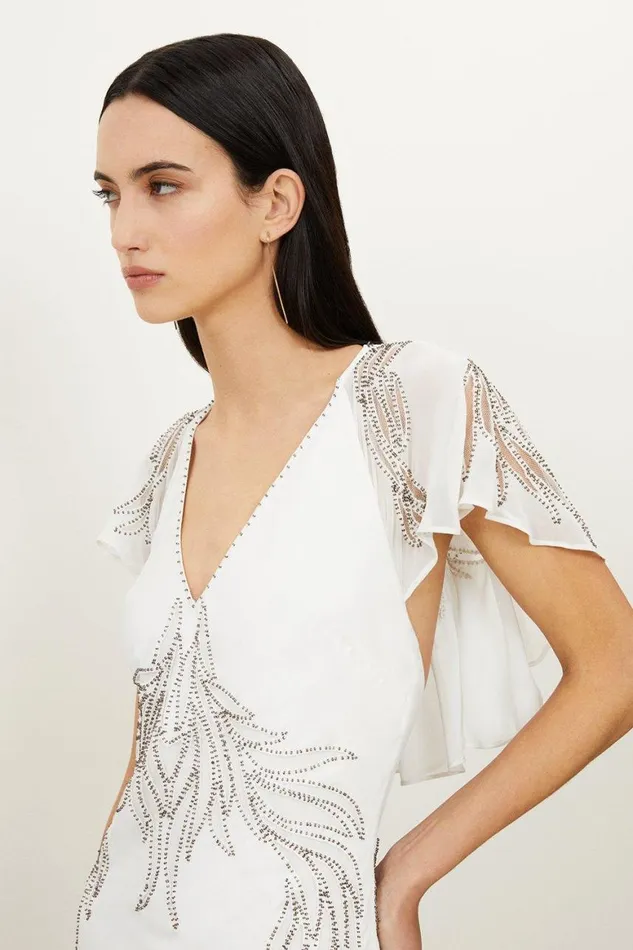 Dresses Women Karen Millen Embellished Applique Georgette Satin Woven Maxi Dress Ivory