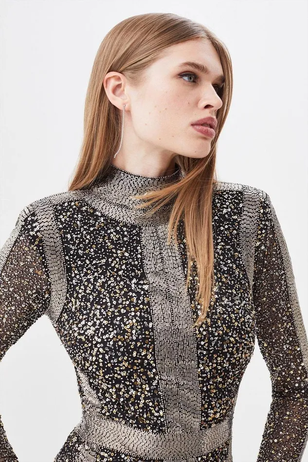 Dresses Women Karen Millen Embellished Beaded High Neck Woven Mini Dress Gun Metal