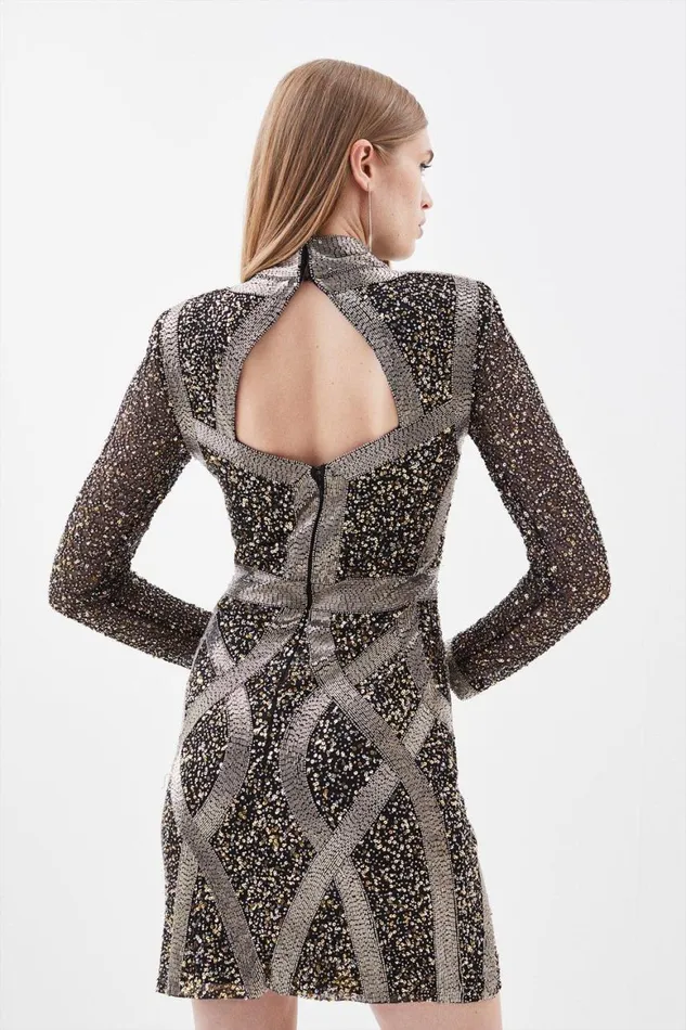 Dresses Women Karen Millen Embellished Beaded High Neck Woven Mini Dress Gun Metal