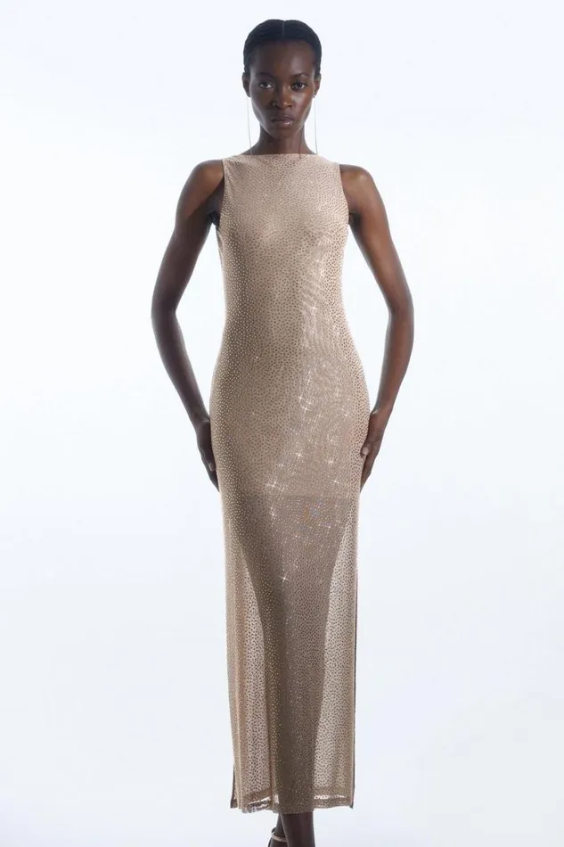 Dresses Women Karen Millen Embellished Mesh Jersey Maxi Dress Nude