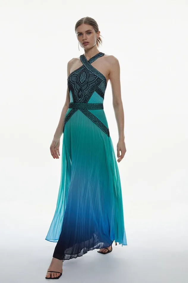 Dresses Women Karen Millen Embellished Ombre Print Pleated Maxi Dress Blue
