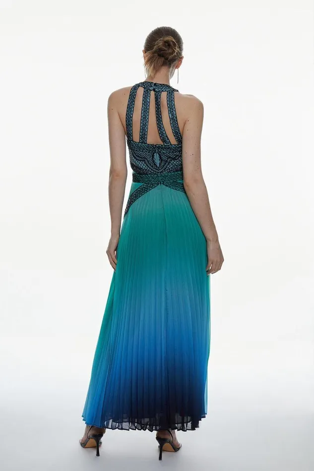 Dresses Women Karen Millen Embellished Ombre Print Pleated Maxi Dress Blue