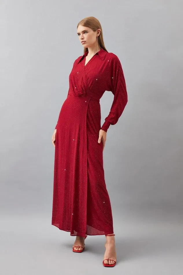 Dresses Women Karen Millen Embellished Plunge Batwing Woven Maxi Dress Red