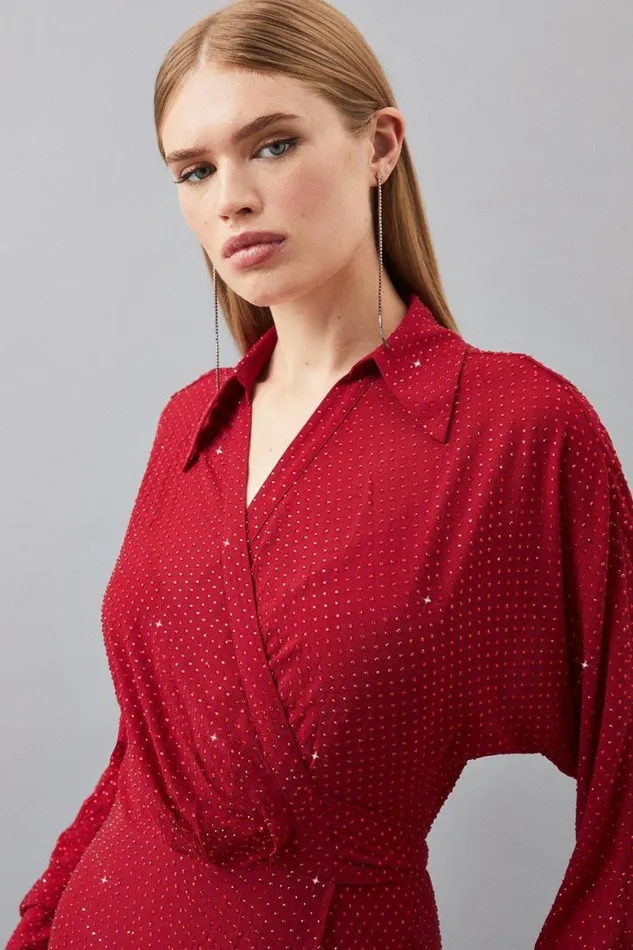 Dresses Women Karen Millen Embellished Plunge Batwing Woven Maxi Dress Red
