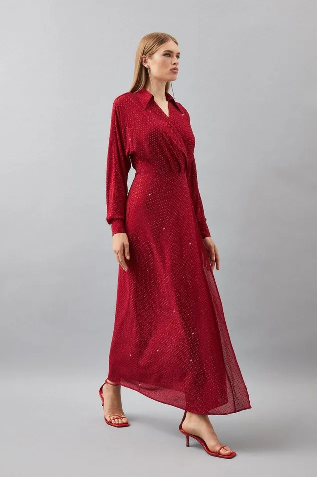 Dresses Women Karen Millen Embellished Plunge Batwing Woven Maxi Dress Red