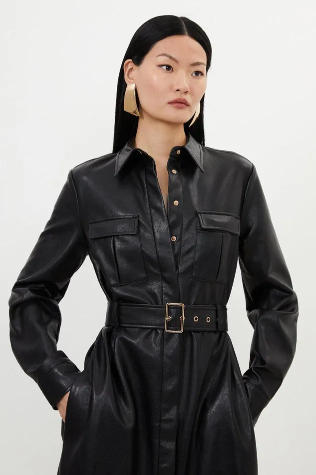 Dresses Women Karen Millen Faux Leather Belted Maxi Shirt Dress Black