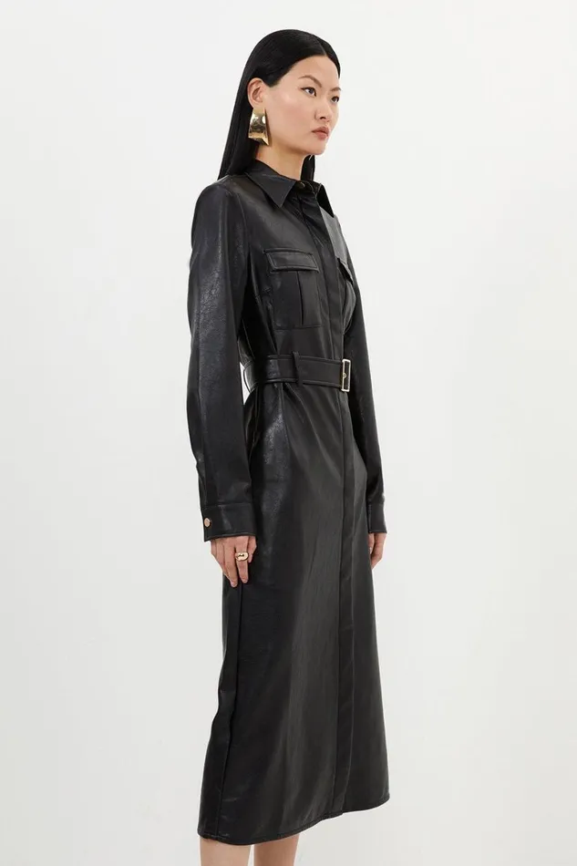 Dresses Women Karen Millen Faux Leather Belted Maxi Shirt Dress Black