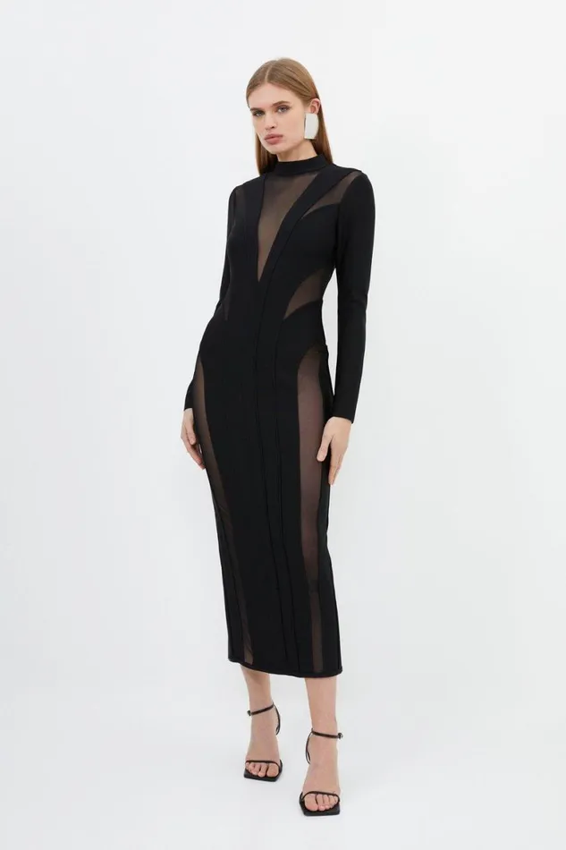 Dresses Women Karen Millen Figure Form Bandage Mesh Detail Knit Maxi Dress Black