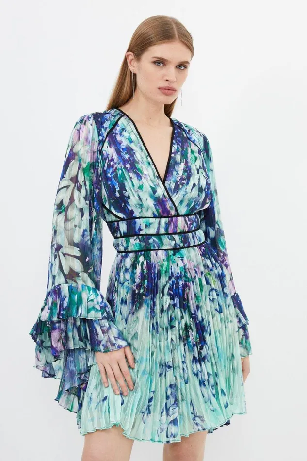 Dresses Women Karen Millen Floral Drama Kimono Woven Mini Dress Blue