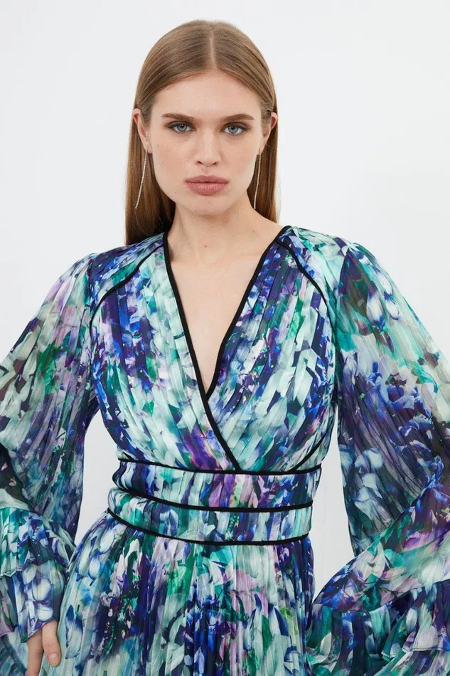 Dresses Women Karen Millen Floral Drama Kimono Woven Mini Dress Blue