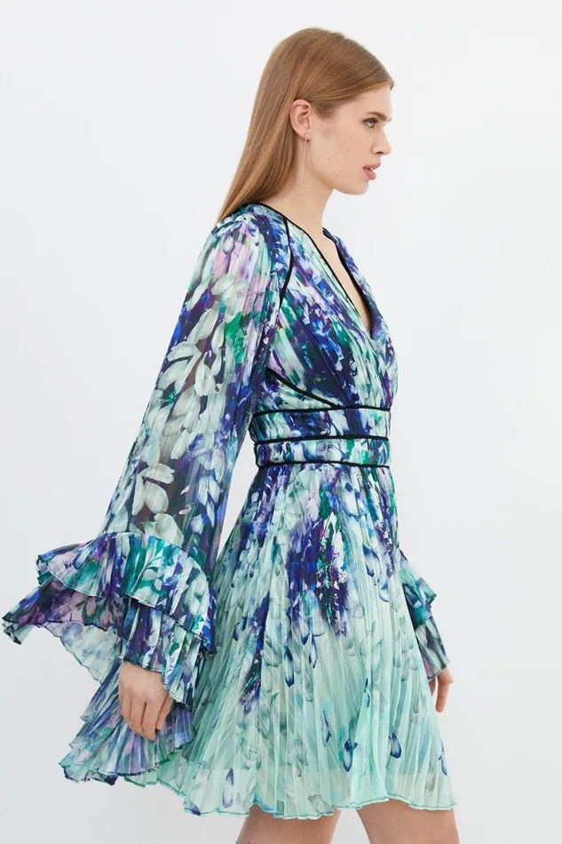 Dresses Women Karen Millen Floral Drama Kimono Woven Mini Dress Blue