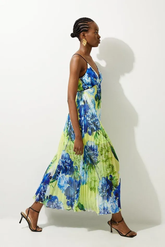 Dresses Women Karen Millen Floral Pleated Crinkle Strappy Woven Midi Dress Floral