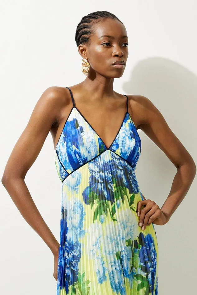 Dresses Women Karen Millen Floral Pleated Crinkle Strappy Woven Midi Dress Floral