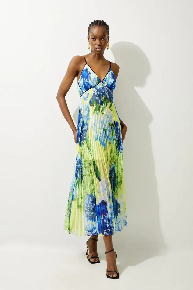 Dresses Women Karen Millen Floral Pleated Crinkle Strappy Woven Midi Dress Floral