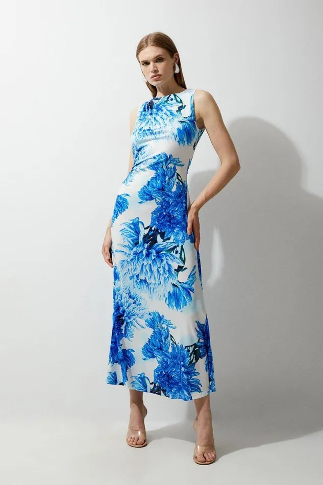 Dresses Women Karen Millen Floral Printed Drapey Jersey Maxi Dress Blue