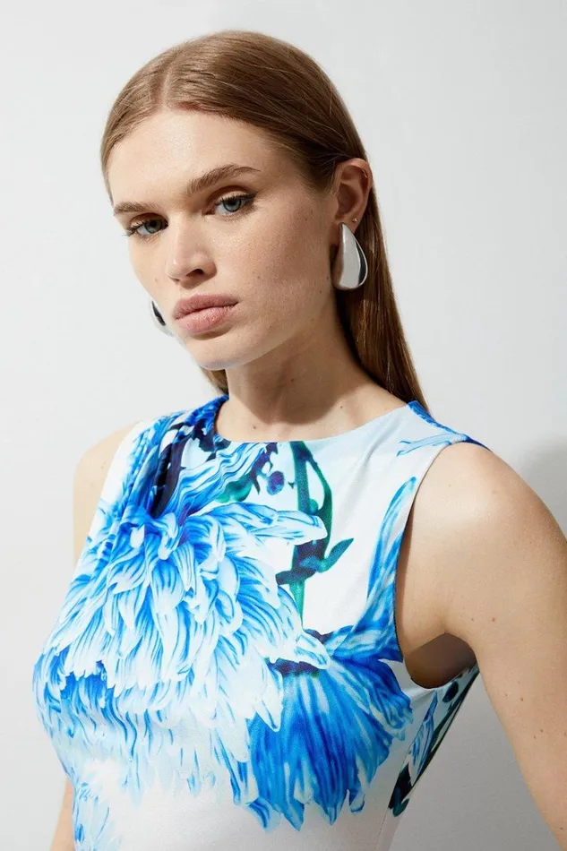 Dresses Women Karen Millen Floral Printed Drapey Jersey Maxi Dress Blue