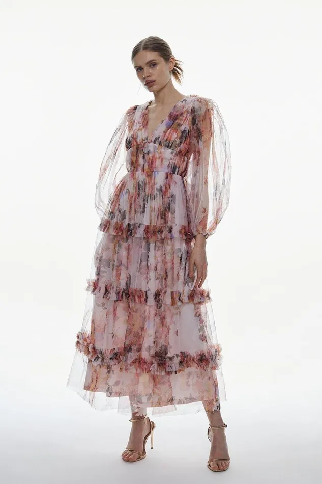 Dresses Women Karen Millen Floral Tulle Plunge Woven Maxi Dress Floral
