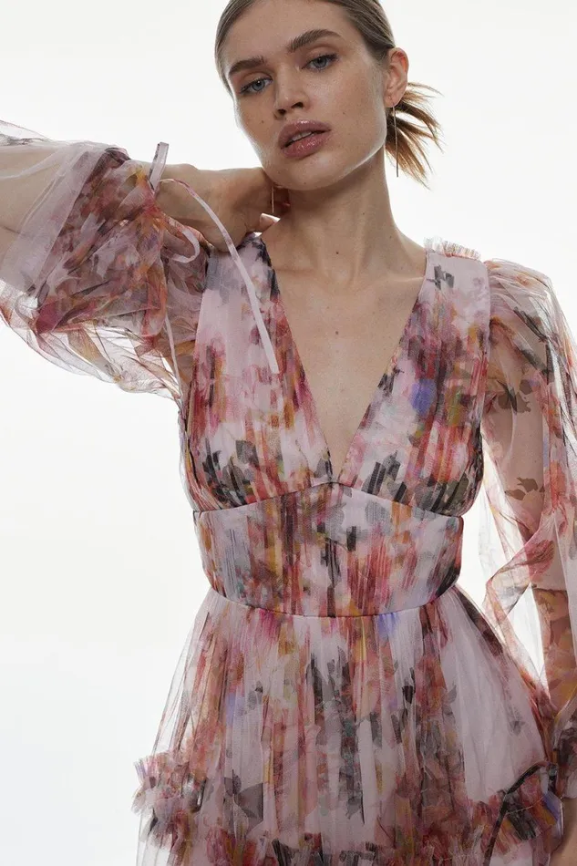 Dresses Women Karen Millen Floral Tulle Plunge Woven Maxi Dress Floral