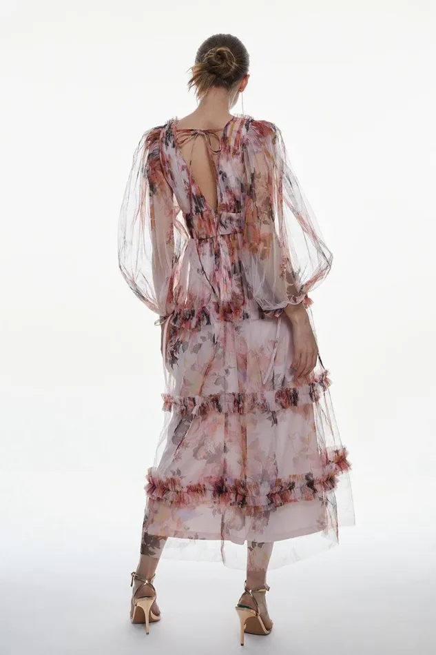 Dresses Women Karen Millen Floral Tulle Plunge Woven Maxi Dress Floral