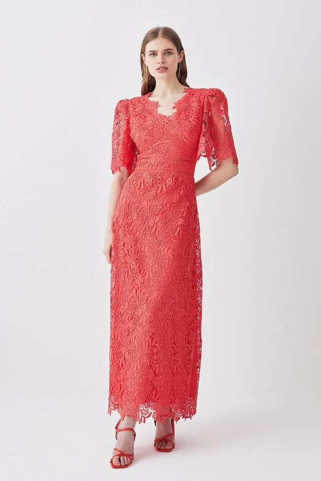 Dresses Women Karen Millen Guipure Lace Flute Sleeved Woven Maxi Dress Coral
